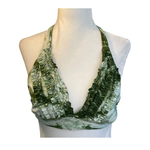 Lucky Brand Ruffle Triangle Bikini Top Olive Green White Tie Dye Swimsuit S - Picture 1 of 4